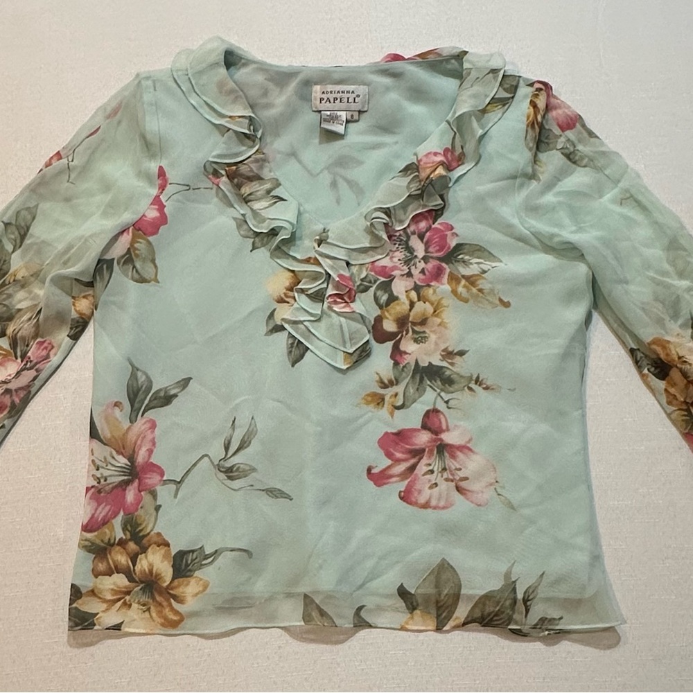 Adrianna Papell Mint Floral Ruffle V‑Neck Chiffon Silk Shell Blouse Size 8